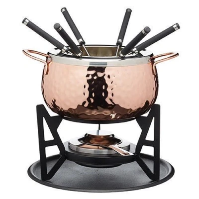 Image of Masterclass Copper Finish Hammered Fondue Set w/6 Forks, Chocolate, Cheese, Meat