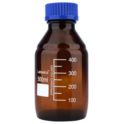 Image of Labasics Reagent Media Storage Bottles, 1 Pack Amber Glass Graduated Round Bottles for Lab with Blue Screw Cap, 500 ml