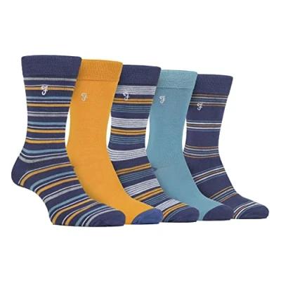 Image of Farah Mens 5 Pack Natural Organic Bamboo Bright Striped Patterned Socks (6 11, Navy/Blue)