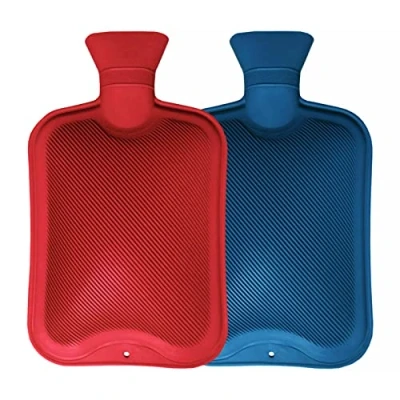 Image of Pack of 2 Hot Water Bottles Natural Rubber Large Bottle 2L Capacity Ribbed Bag for Pain Relief Secure &amp; Leakproof (Assorted Colours)