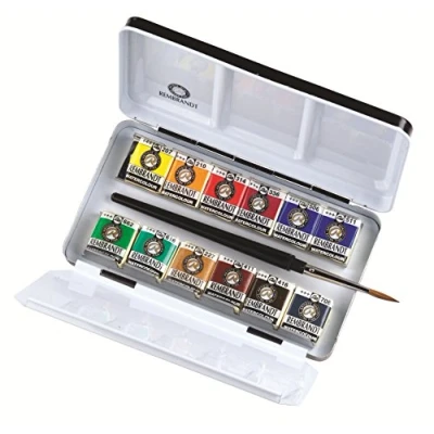 Image of Royal Talens Rembrandt Professional Water Colour Metal Box of 12 Pans with Sable Brush Basic Set
