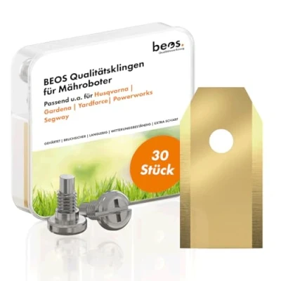 Image of EOS® 30 x Premium Titanium Replacement Blades + Screws for Brands Husqvarna, Gardena, Yard Force, McCulloch, Powerworks 0.75 mm Blade Thickness Lawn Mower Pleasure