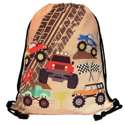 Image of HECKBO kids monster truck cars gym drawstring bag 40x32cm 12.6&quot; x 15.8&quot; string kindergarten daycare crèche school football children girl boy backpack, sports