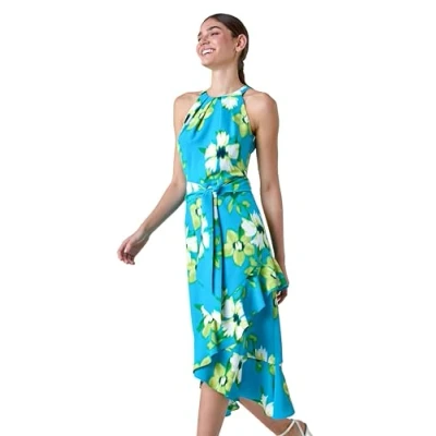 Image of Roman Textured Chiffon Halterneck Midi Dress for Women UK Ladies Autumn Everyday Winter Holiday Sleeveless Soft Fit &amp; Flare Comfy Frill Hem Frock Party Gowns Turquoise Size 18