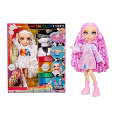 Image of Rainbow High Watercolour &amp; Create DIY Fashion Doll with Washable Watercolours and Tie Dye Kit Purple Eyes, Curled Hair, Extra Top Shoes Colour, Create, Play, Rinse Repeat Kids 4 12+ Years