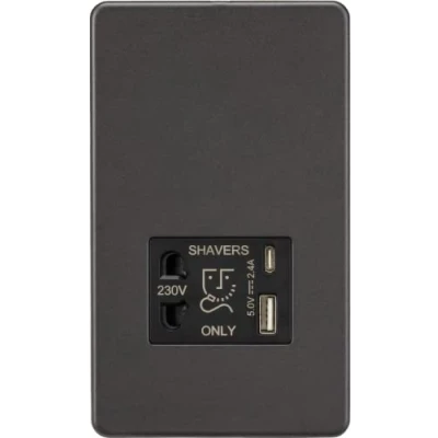Image of KnightsBridge Shaver socket with dual USB A+C (5V DC 2.4A shared) smoked bronze
