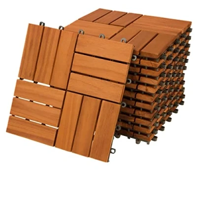 Image of CASARIA® 11x Wooden Acacia Mosaic Decking Tiles 30x30cm Cuttable Interlocking System Drainage Garden Patio Click Lock in Flooring Deck FSC Certified Wood 11