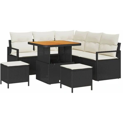 Image of vidaXL 8 Piece Garden Sofa Set with Cushions Black Poly Rattan Acacia