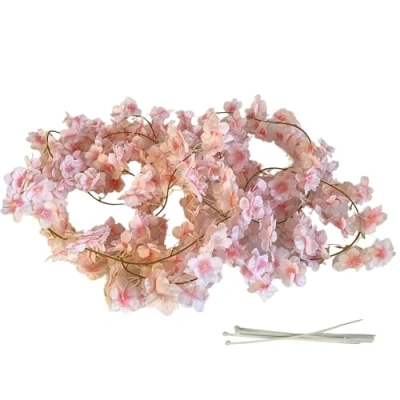 Image of Aesthetic 2 Pink Cherry Blossom Vines 6FT each, Artificial Rattan Flower Garland Hanging Decoration for Wedding Home Parties with cable ties