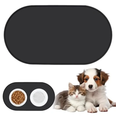 Image of Cat Food Mat, 54x29CM Special Mat for Pet Feeding, Silicone Mats, Raised Edges &amp; Non Slip Bowl BPA Free, Waterproof Rubber Dog Feeding Medium Small Pets (Black)