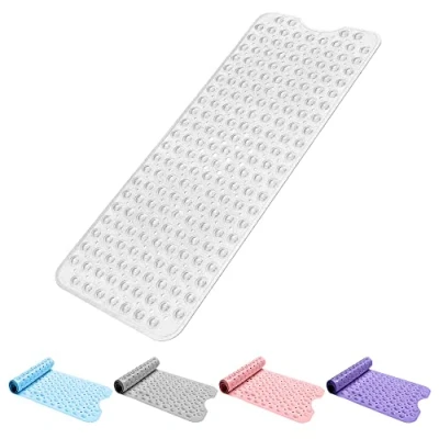 Image of Bath Mat Non Slip Anti Mould 100x40cm Extra Large Shower Mats with Suction Cups and Drain Holes, Rubber Bathtub for Bathroom, Machine Washable (Transparent White)