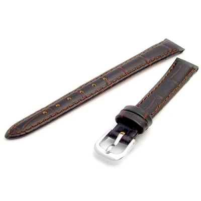 Image of Women&#039;s Padded Croc Grain Leather Watch Strap Band 12mm Brown with Chrome (Silver Colour) Buckle 621s/12