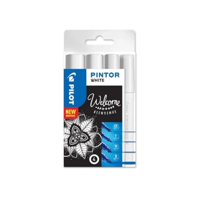 Image of PILOT Pintor, Set of 4 Creative Multi Surface Water Based Permanent Markers Quick Dry For Fabrics, Glass, Wood, Stone, DIY/Amateur Artists Extra Fine, Medium and Broad Tips White
