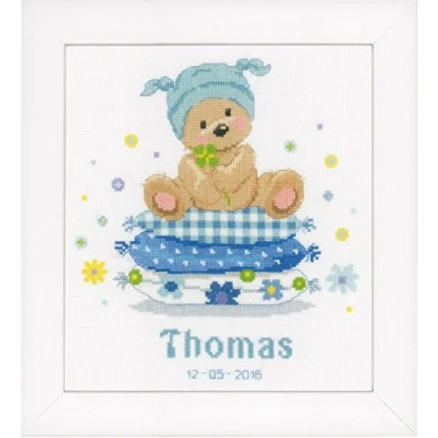 Image of Vervaco Counted Cross Stitch: Birth Record: Bear On Pillow, COTTON NA, 22 x 24cm