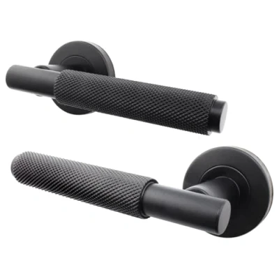 Image of EAI Black Internal Door Handle 1 Pair Matt Knurled Lever on Rose Round Handles Dolton Range