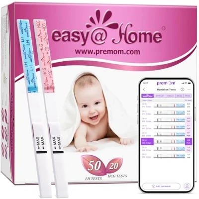 Image of Easy@Home 50 Ovulation Test Strips and 20 Pregnancy Width of 5mm Powered by Premom Predictor iOS Android App