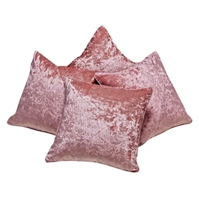 Image of Red Rainbow Set of 4 Pink Plain Crushed Velvet Piped Edge Cushion Covers (18&quot; x 18&quot;, Pink)