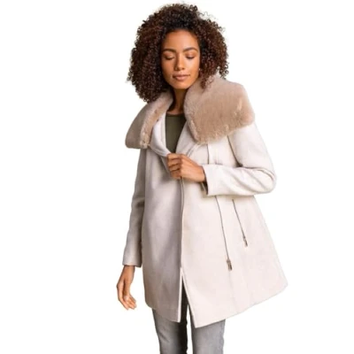 Image of Roman Originals Women Formal Faux Fur Collar Coat Ladies Evening Herringbone Soft Furry Lined Smart Casual Warm Stylish Natural Size 6