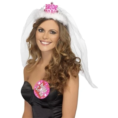 Image of Smiffys Bride to Be Tiara with Veil, White Pink Lettering, Hen &amp; Stag Night Fancy Dress, Adult Dress Up Accessories