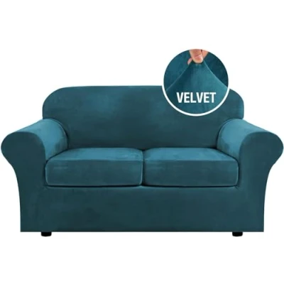 Image of LINGKY Velvet Sofa Covers 2 Seater with Separate Seat Cushion Covers, Stretch Slipcover Replacement Furniture Protector (Deep Teal,2 Seater(122 172cm))