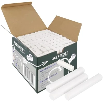 Image of Westcott chalk 100 pieces white Value pack Blackboard with 1.2cm ⌀ in opaque low dust &amp; easy to wipe off 8.5cm long sticks E 744986 00