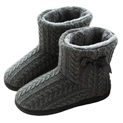 Image of Rojeam Winter Boots Slippers Knitted Women Men Home Booties Plush House Shoes Indoor Outdoor Grey Size 3/3.5 UK