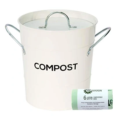 Image of White Metal Kitchen Compost Caddy &amp; 50x All Green Compostable Bags Composting Bin for Food Waste Recycling