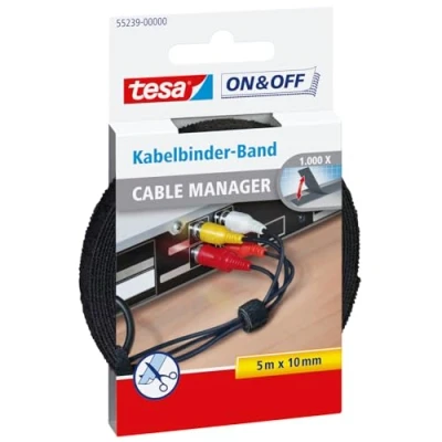 Image of tesa 55239 On/Off Hook and Loop Cable Manager, 10mm x 5m Black