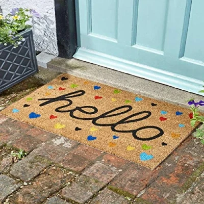Image of HomeZone Welcome Mat Decoir Doormat Door Natural Look Slip Resistant PVC Backing Safe Anti Indoor Outdoor Use (Hello)