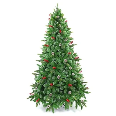 Image of Stockholm Pine Artificial Designer Christmas Tree Berries &amp; Frosted Cones Mixed PE PVC Tips Hinged Branches Bushy Xmas Holiday Home Decorations (4Ft/5FT/6Ft/7Ft/8Ft)
