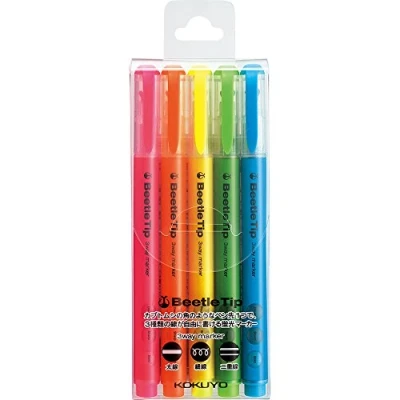 Image of KOKUYO Beetle Tip 3 Way Highlighter Pen, 5 Color Set (PM L301 5S)
