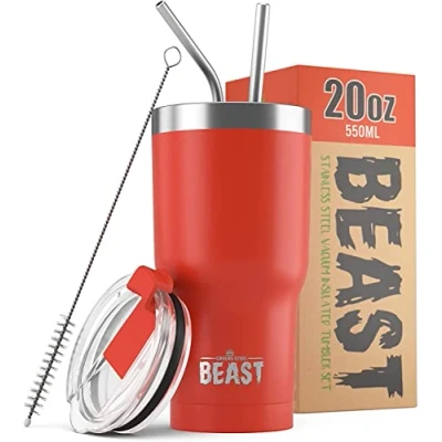 Image of Beast Tumbler 550 ml (20 oz), Red Reusable Stainless Steel, Vacuum Insulated Cup with + 2 Straws &amp; Cleaning Brush Double Wall Travel Flask Perfect for Hot or Iced Coffee BPA Free