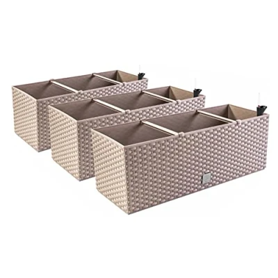 Image of 3 x Flower Boxes, Pot, Rattan Look, 60 25 24 cm, Plant Watering System, Balcony Box, Mocha