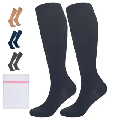 Image of 360 RELIEF 1 Pair Plus Size Flight Compression Socks for Women &amp; Men, Comfortable Travel, Circulation Leg Relief, Pregnancy Support, 4XL, Black + Laundry Bag