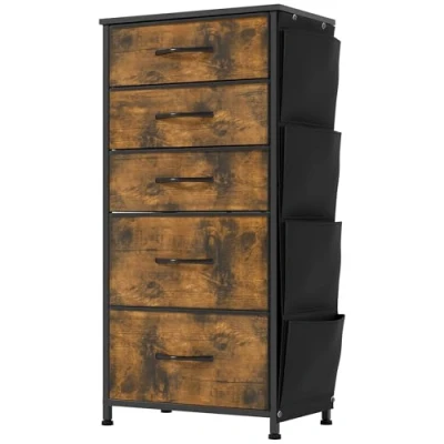 Image of YITAHOME Narrow Chest of Drawers with 5 Drawers, Fabric Side Pocket&amp;Hooks,Easy Pull Handle,Sturdy Steel Frame,Storage for Bedroom, Kids Room, Closet, Clothes,Rustic Brown