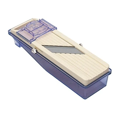 Image of Benriner 3695 BN 3 Japanese Handheld Mandolin Slicer with Three Interchangeable Stainless Steel Blades Ivory, Vegetable Fruit Cutter Peeler, Steel, Off White, Catch Tray