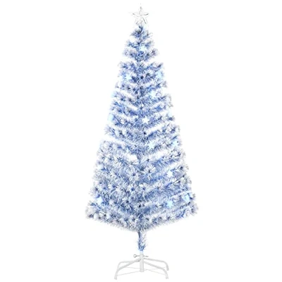 Image of HOMCOM 6FT Artificial Fibre Optic Christmas Tree Seasonal Decoration w/LED Lights Pre Lit Easy Store White Blue