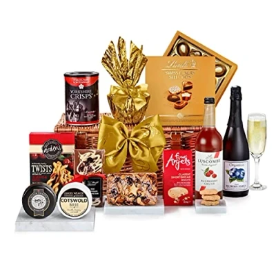 Image of Luxury Non Alcoholic Gift Hamper Claremont Alcohol Free with Sparkling Presse, Cheddar, Brie, Shortbread, Chocolate Picnic Basket, from Regency Hampers