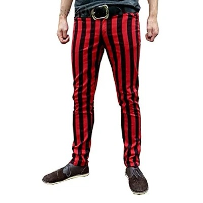 Image of Fuzzdandy Mens Striped Drainpipe Thick Red Black Stripes Mod Indie Trousers (30&quot; Waist x 31&quot; Leg)