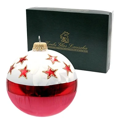 Image of Dekohelden24 Lauschaer KGL10882 Christmas Tree Decorations Set of 6 Glass Baubles in Ice White and Red, Hand Blown Decorated with Red Stars Gold Crowns Diameter Approx. 8 cm