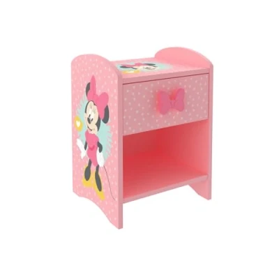 Image of Disney Minnie Mouse Bedside Table: Sturdy Engineered Wood Construction featuring a 2 tier Design for Ample Storage, Small Side Table with Drawer and Storage Shelf Kid&#039;s Bedroom