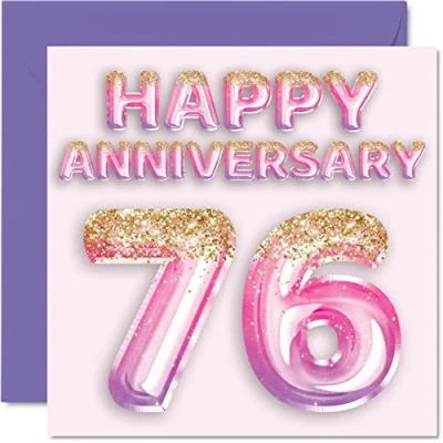 Image of Pretty 76th Anniversary Card for Wife Girlfriend Husband Boyfriend Pink Purple Glitter Balloons Happy 76 Cards from Family, 145mm x Greeting Seventy Sixth Anniversaries