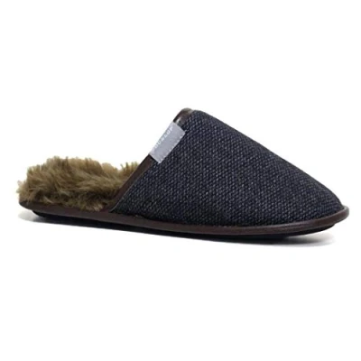 Image of DUNLOP Mens Famous Slippers New Slip On Faux Sheepskin Fur Cosy with Memory Foam (9 UK, Black. / Tweed)