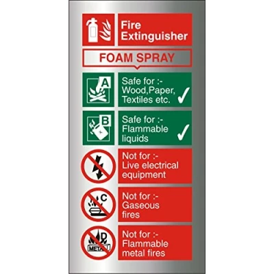 Image of Seco Foam Spray Fire Extinguisher Sign, 100mm x 200mm 1.5mm Brushed Aluminium Composite