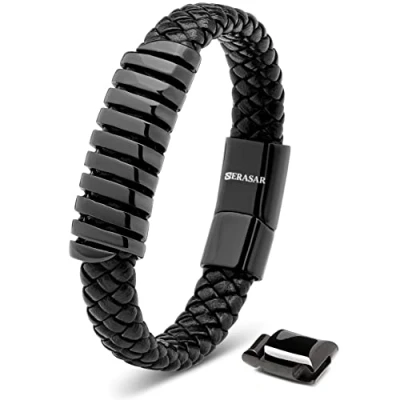 Image of SERASAR Black Bracelet Leather Mens 17cm Gift Box Genuine Cowhide Braided Adjustable Magnetic Clasp Multilayer Wrap Rope Man Mans Male Bracelets Band Jewellery Magnet Accessories