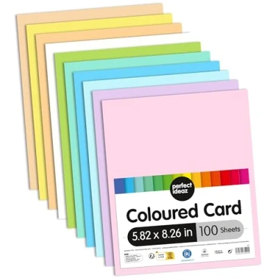 Image of perfect ideaz 100 Sheets of DIN A5 Coloured Pastel Photo Card, Craft Paper, Dyed Through Sheets, 10 Different Light Colours, 300g /qm, Tinted Drawing Card for Crafts, Colourful Set