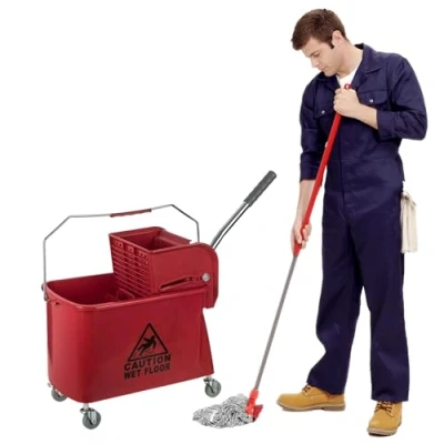 Image of Curvaso 20L Red Kentucky Mop Bucket and Wringer System with Wheels Carrying Handle Floor Cleaning for School Office Restaurant Shop Commercial Use