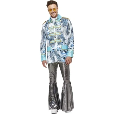 Image of Smiffys Carnival Jacket, White &amp; Blue with Floral Print Design Gold Trim, Party Fancy Dress, Adult Dress Up Costumes