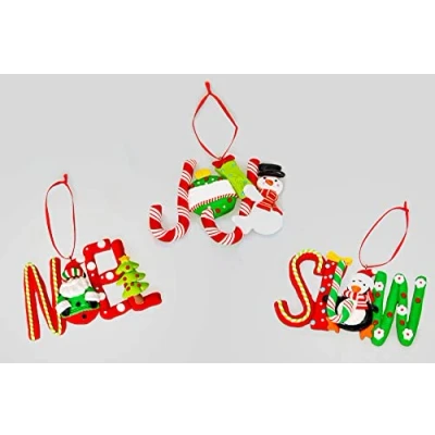 Image of Christmas Tree Hanging Words Snow Joy Noel Decorated with Candy Cane Santa Snowman Penguin Xmas Wall Home Décor Ornaments 12pcs Set