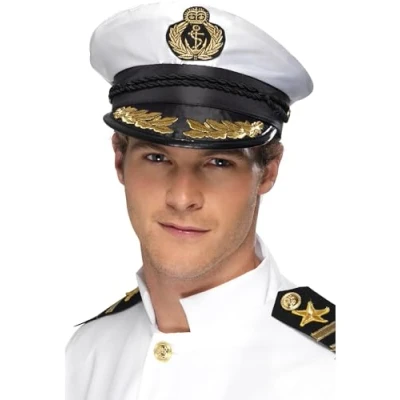 Image of Smiffys Captain Cap, White with Golden Detail, Land, Sea and Air Forces Fancy Dress, Adult Dress Up Hats